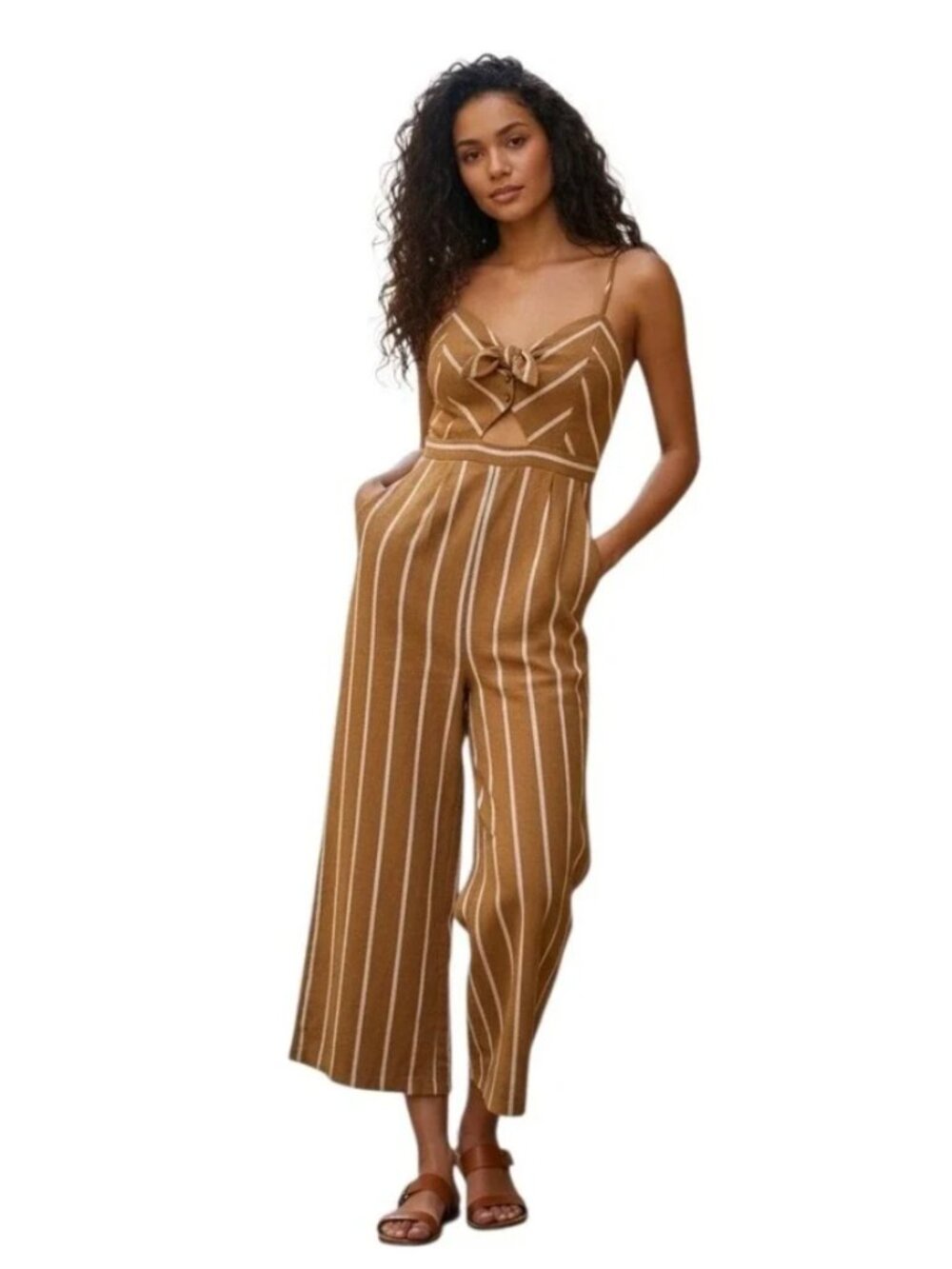 Astr the Label - Dylan Jumpsuit Women's Brown Striped Cropped Wide-Leg